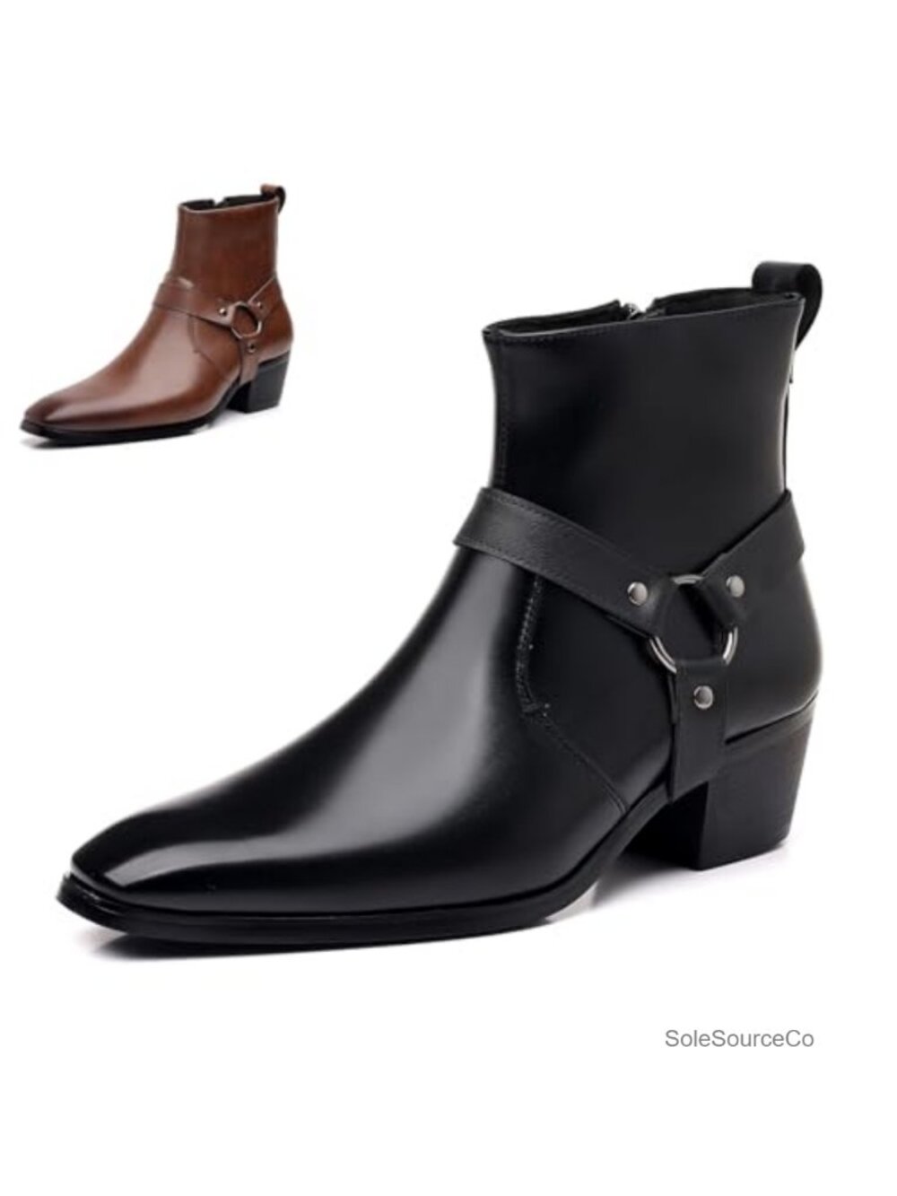 Men's Faux Leather Chunky Heel Chelsea Boots Belt Buckle Side Zipper